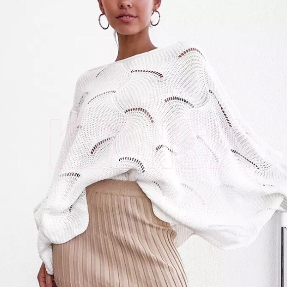 White Slouchy Oversized Eyelet Sweater Top - Picture 2 of 7